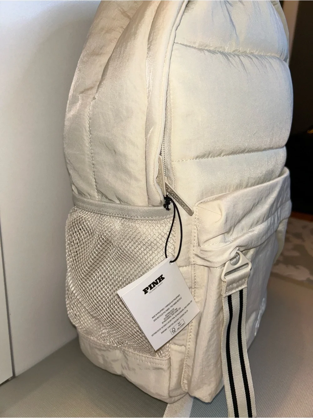 NWT Victoria’s Secret pink quilted puffer backpack in ivory